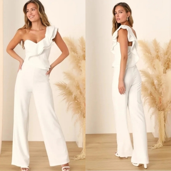 Lulu's Kiss Me Again Ivory Ruffled One-Shoulder Jumpsuit M Wedding Party Bridal - Picture 1 of 13